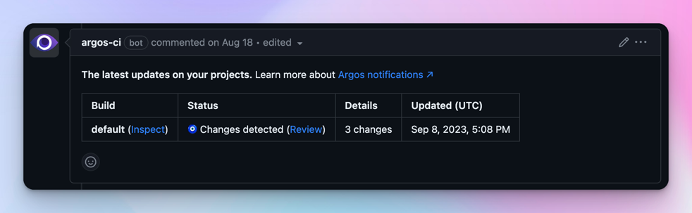 Argos GitHub PR comment